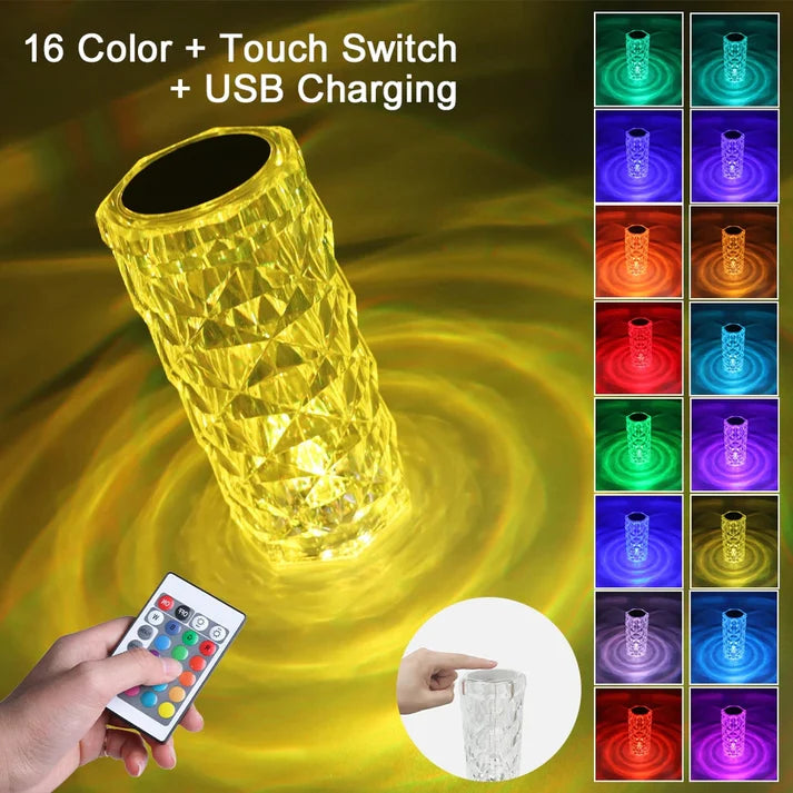 Crystal Bedside Lamp – 16 Colors, Touch & Remote, USB Powered