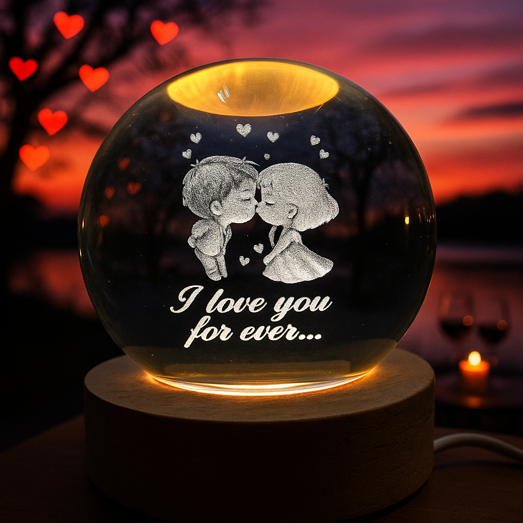 3D Crystal Ball With Wooden light Stand.