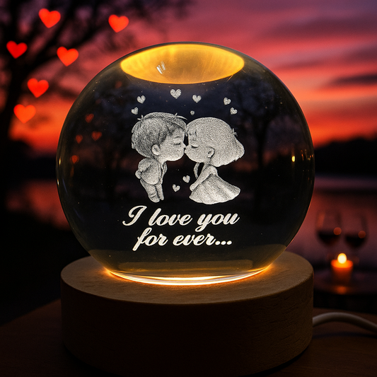 3D Crystal Ball With Wooden light Stand.