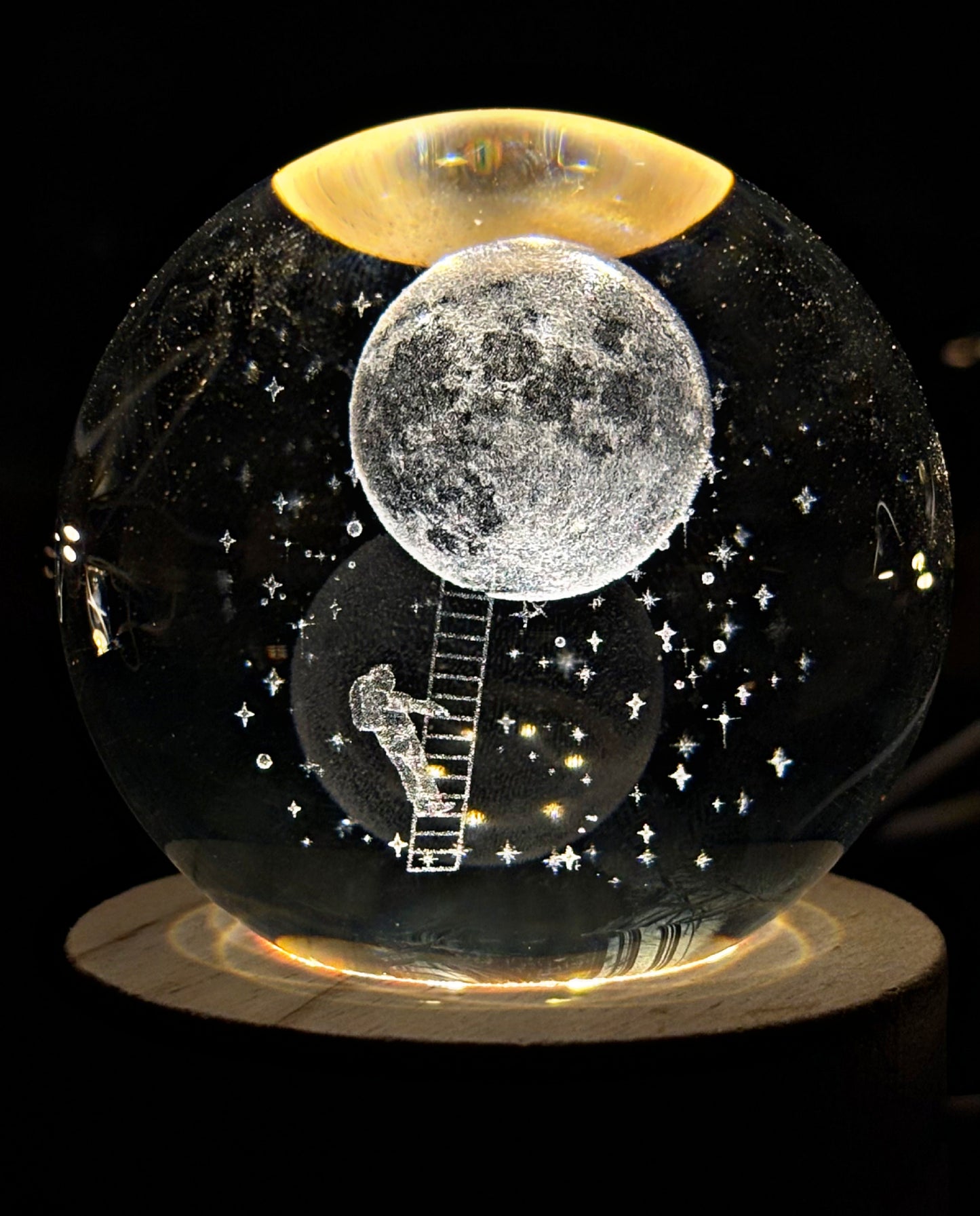 3D Crystal Ball With Wooden light Stand.