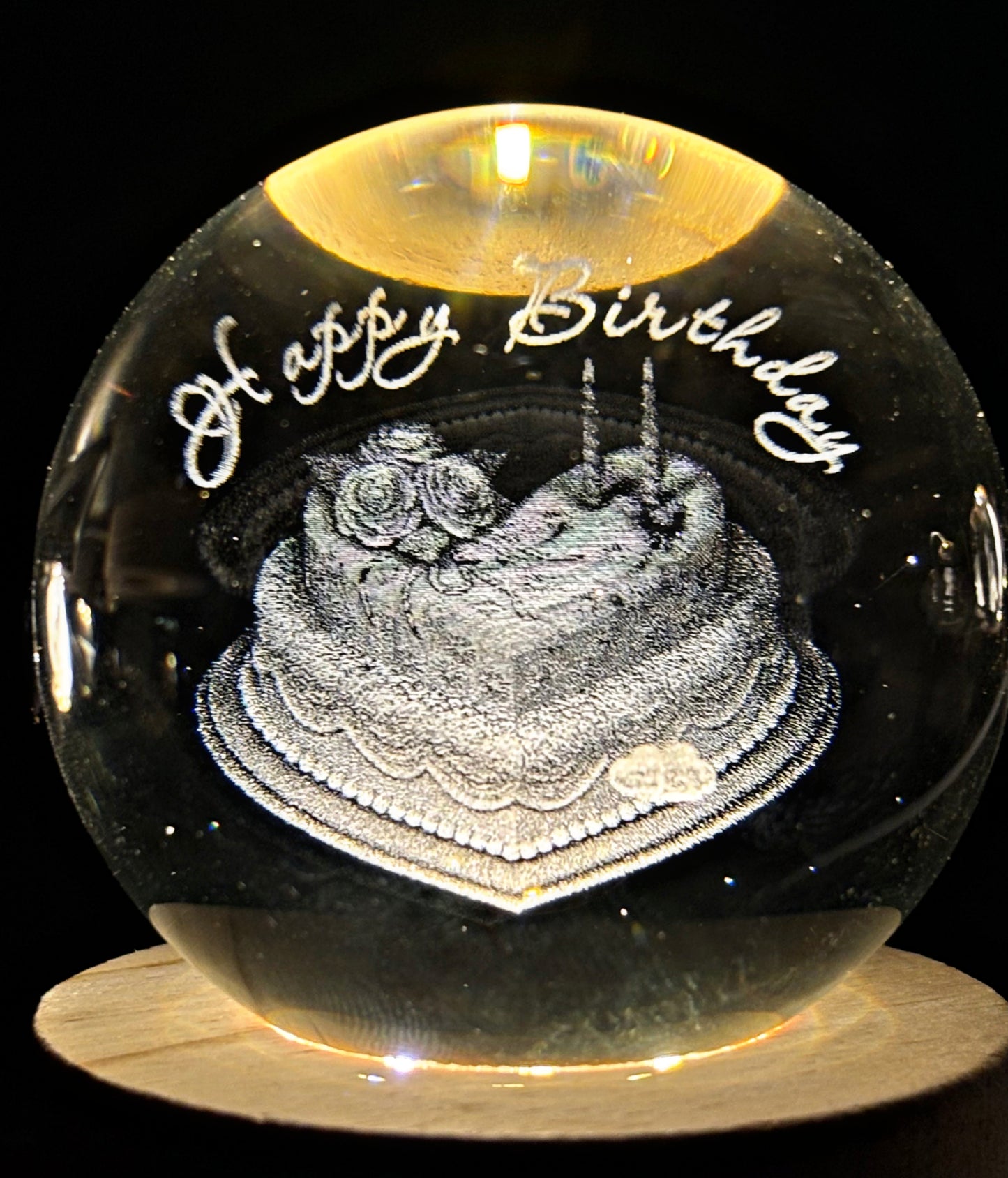 3D Crystal Ball With Wooden light Stand.