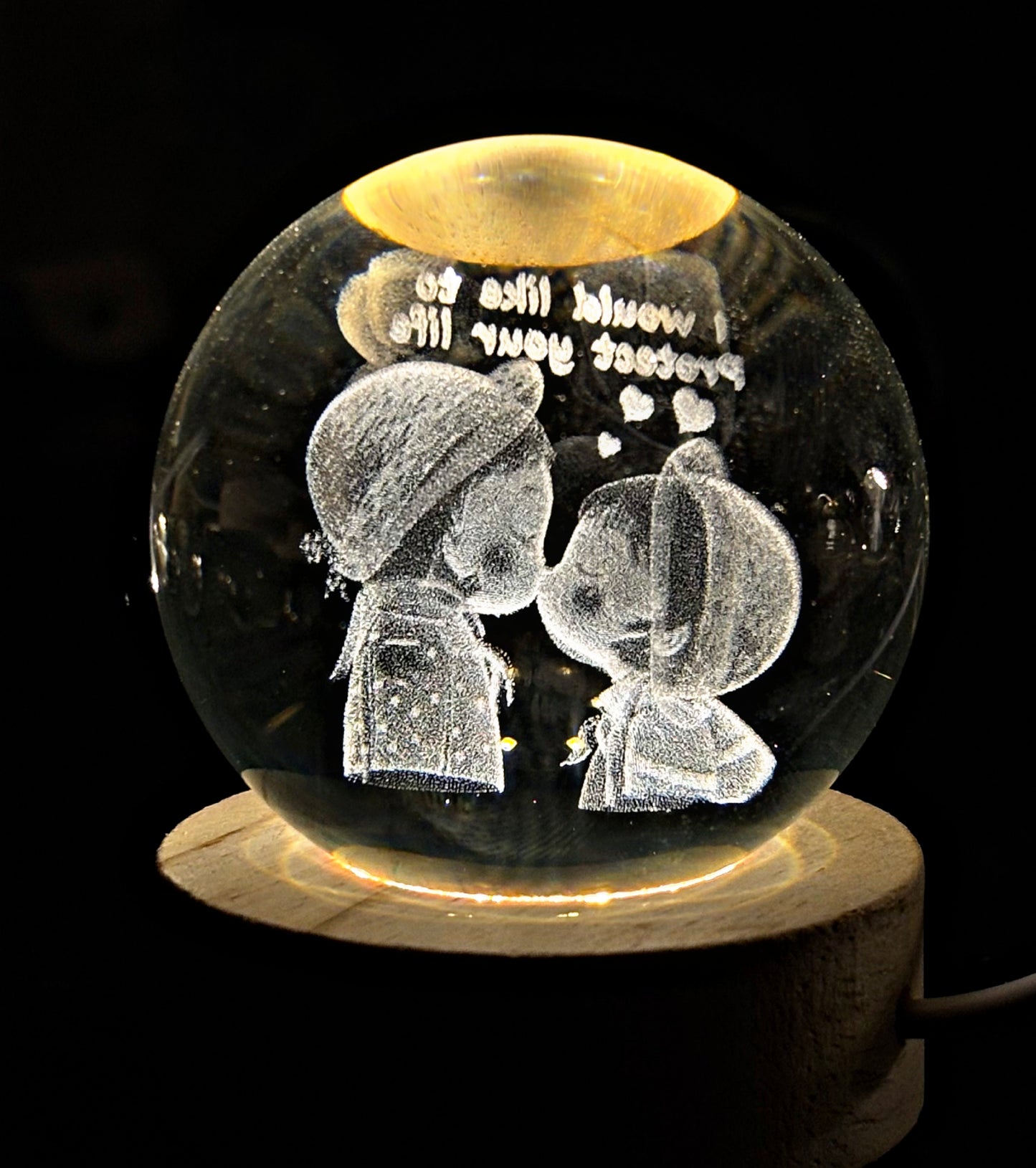 3D Crystal Ball With Wooden light Stand.