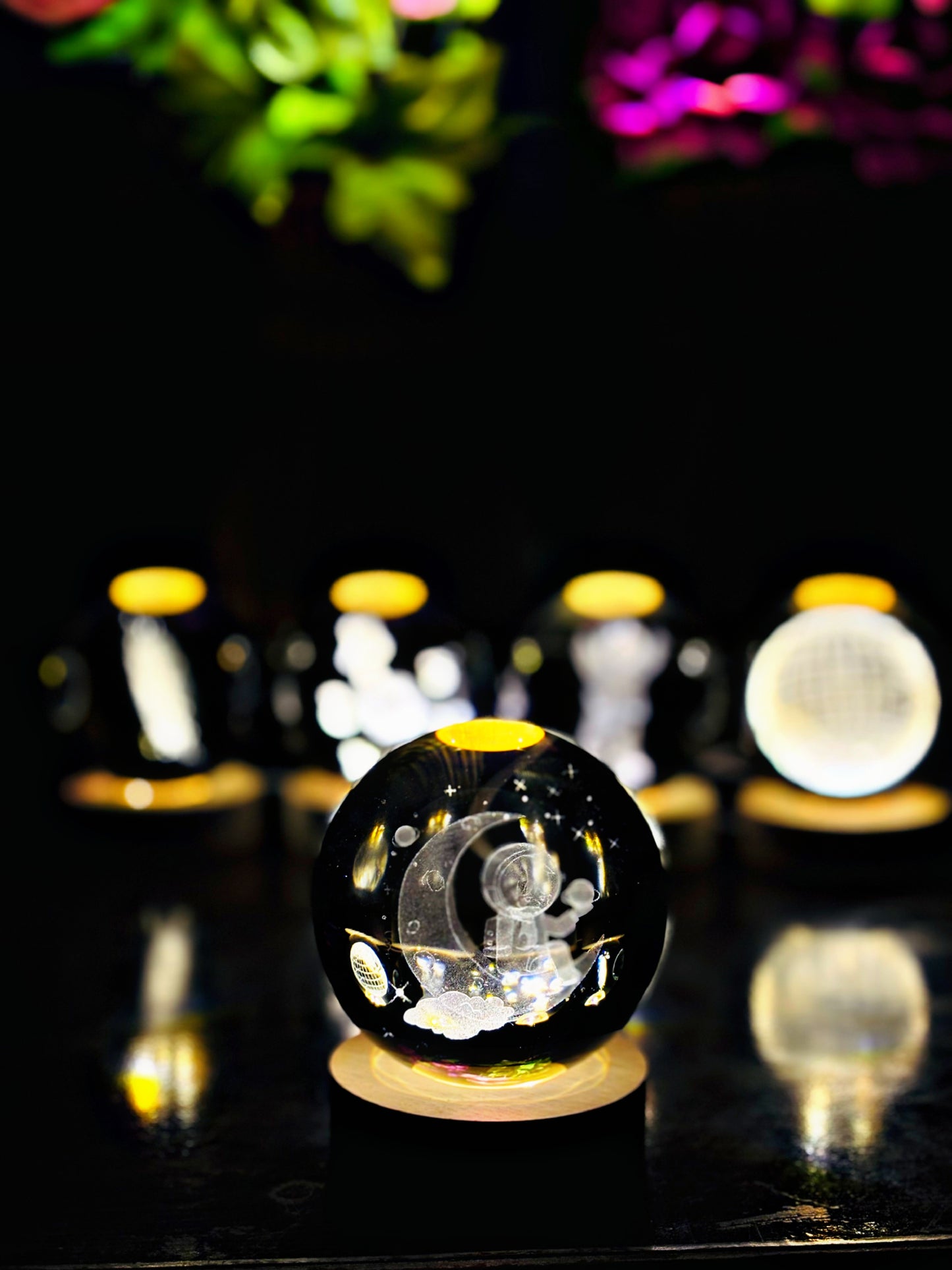 3D Crystal Ball With Wooden light Stand.