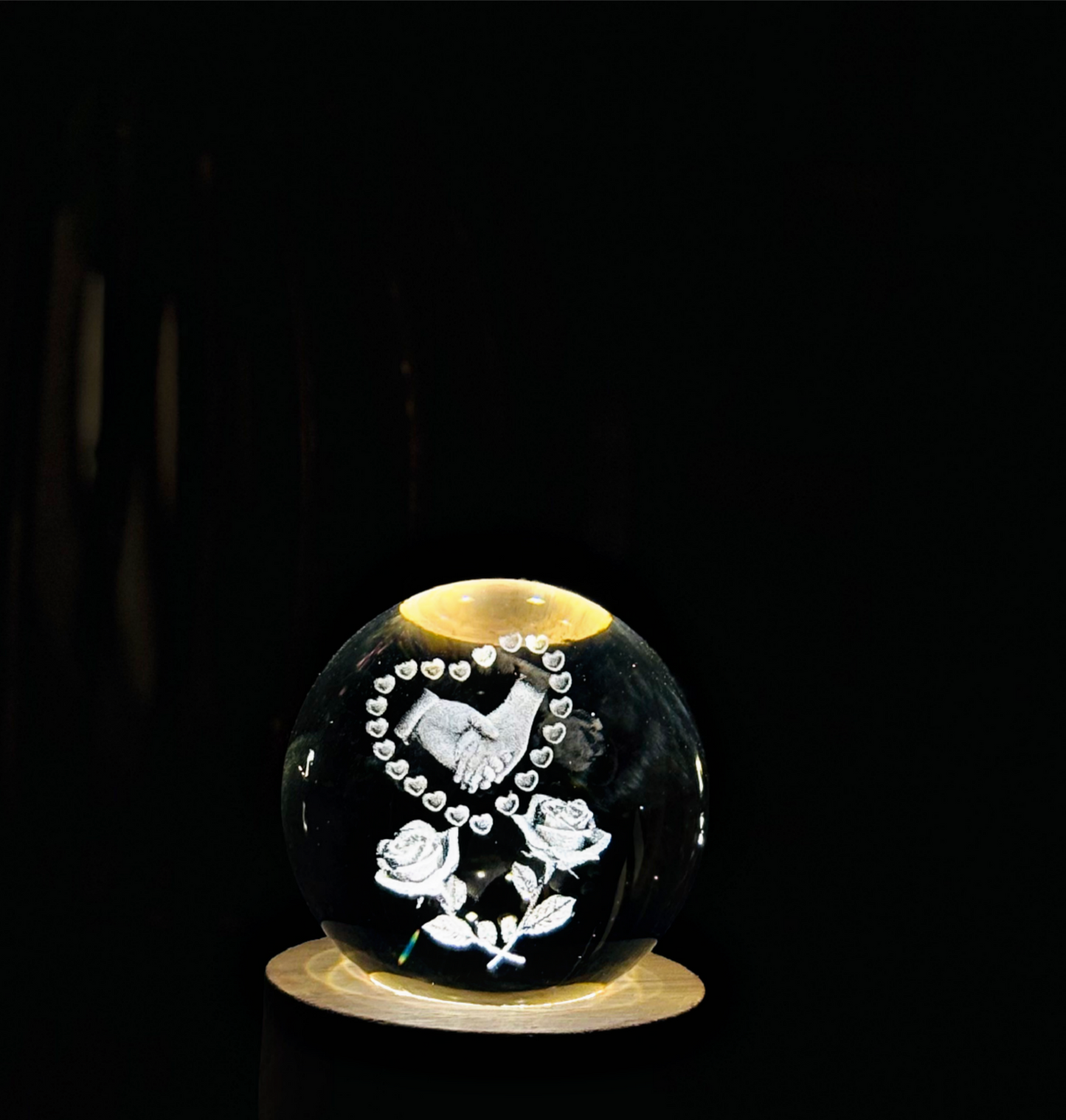 3D Crystal Ball With Wooden light Stand.
